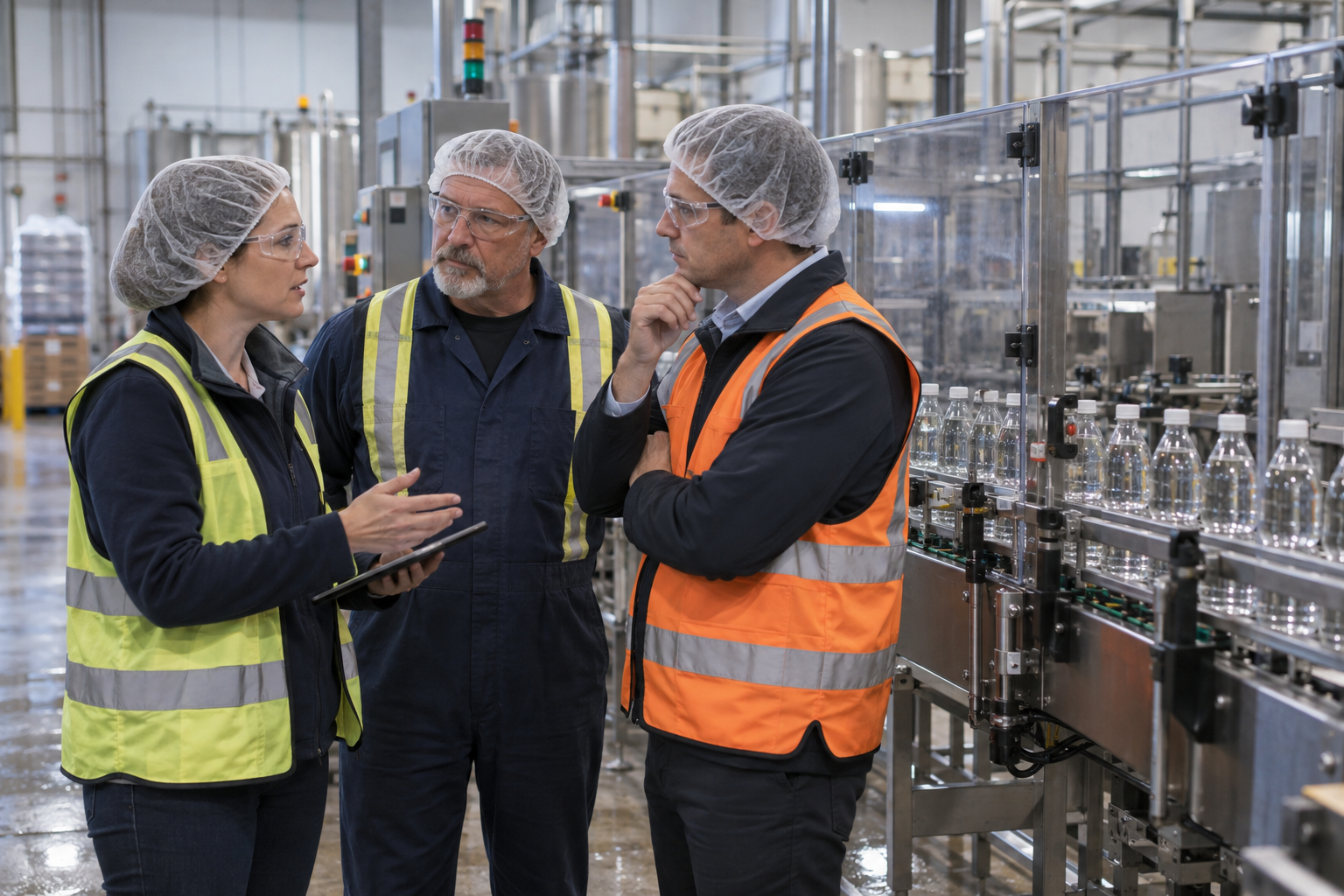 Three fictional bottling-plant colleagues discussing work beside a guarded conveyor